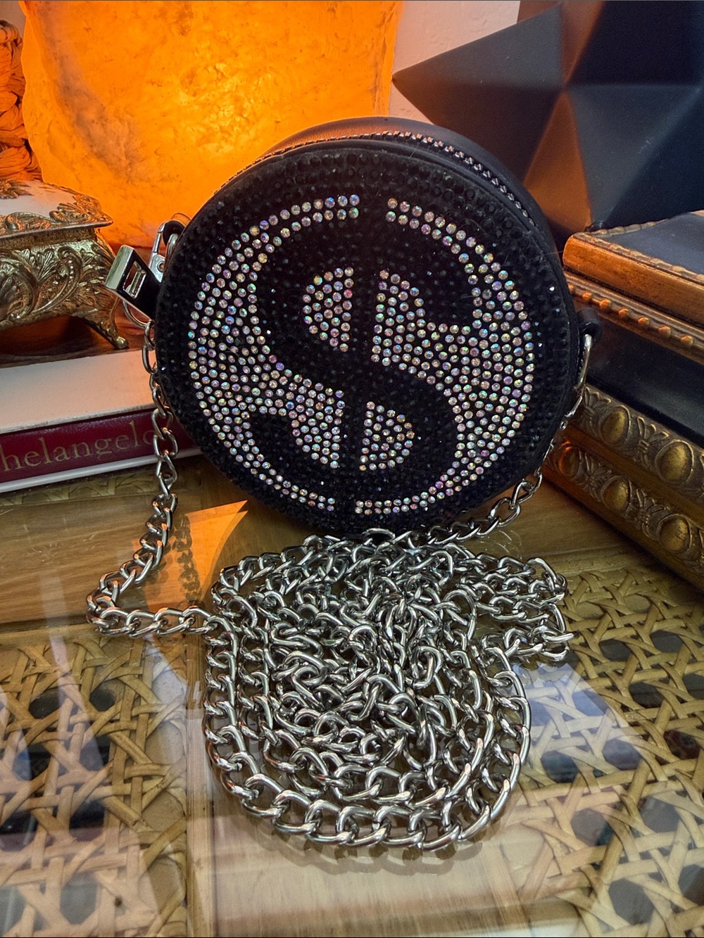 Black Crystal Dollar-Sign Round Crossbody Bag